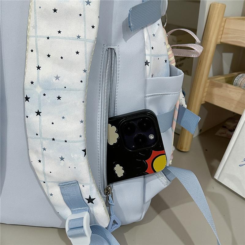 Cute Star Print School Backpack Lightweight Nylon Zipper Daypack with Clear Pocket for Teen Girls Daily Travel