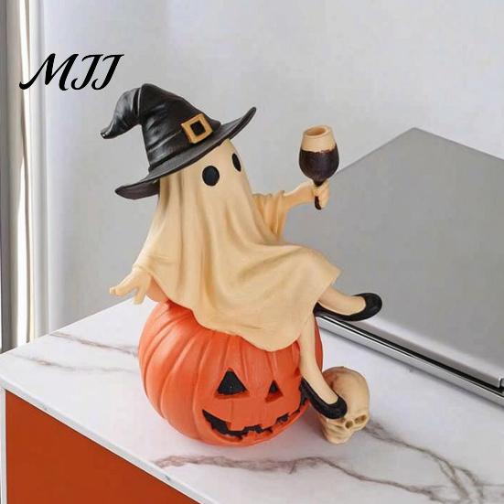 Decorative Bar Accessories Cute Ghost Figurine, Sitting on Pumpkin Statue with Witch Halloween Party Table Centerpieces Hat, Resin Tabletop