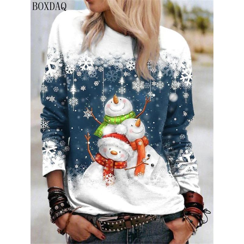 Cartoon Christmas Snowman Women Long Sleeve T-shirts Autumn Winter Christmas Style