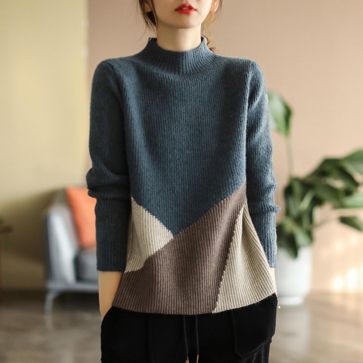 Autumn and Winter Inner Bottoming Warm Sweater Ladies Retro Loose and Thin Pullover Half Turtleneck Top XS синий