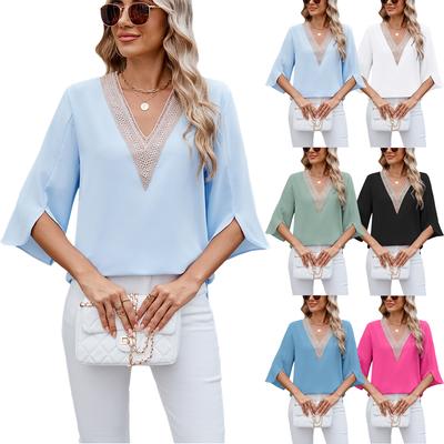 2025 Spring New Solid Color V-neck Medium Sleeve Loose Women's Top
