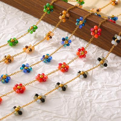 Bohemian Beaded Necklace Bracelet Anklet Handmade Girl Flower Glass Bead Titanium Steel Chain Jewelry Set