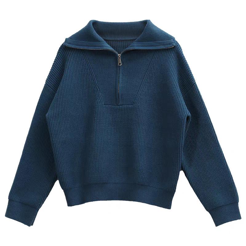 Half zipper knitted sweater autumn and winter fashion lapel simple casual temperament large size sweater women