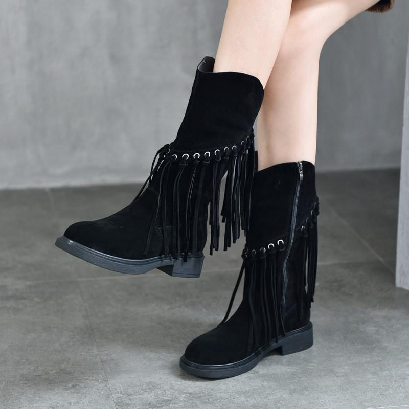 Johnature Retro Echtleder Mid-Calf Stiefel Modische Vielseitige Mittel Absatz Damen Quastenstiefel