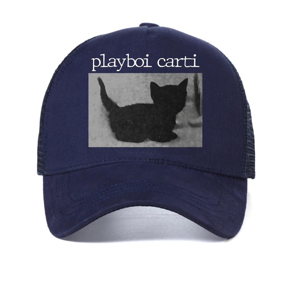 

Playboi Carti Oversized Hip Hop cap Cute Cat Print baseball caps Harajuku Mens Streets sport hat adjustable mesh Snapback hat Adjustable темно-синього кольору