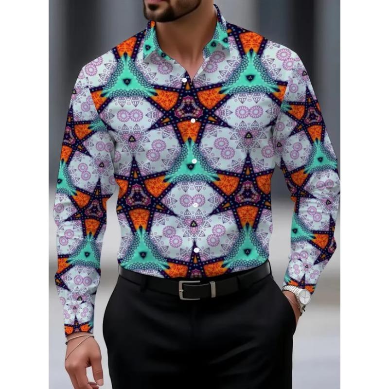 New Western Style Cow Head Five Pointed Star Arrow Retro Printed Men's Lapel Casual Long Sleeved Shirt