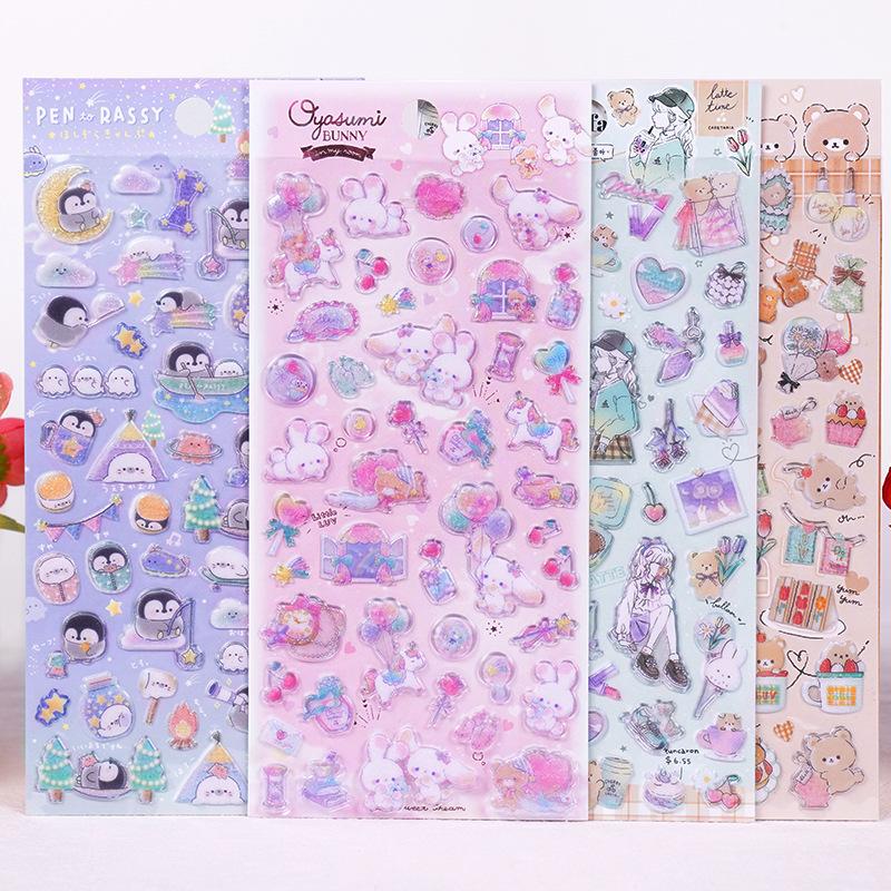 Viral Japanese Style Cute Animal Cartoon Stickers 1pcs Crystal Waterproof Decals for Children Reward Handmade Decoration