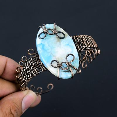 Braccialetto/gioiello fatto a mano con pietra preziosa Larimar avvolto in filo di rame puro per lei