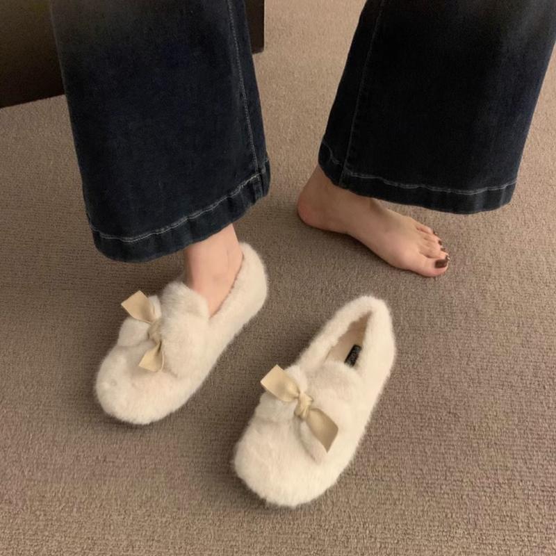 Fashion Women Furry Flats Shoes Fashion Butterfly-knot Slip On Shoes Warm Cartoon House Shoes For Winter