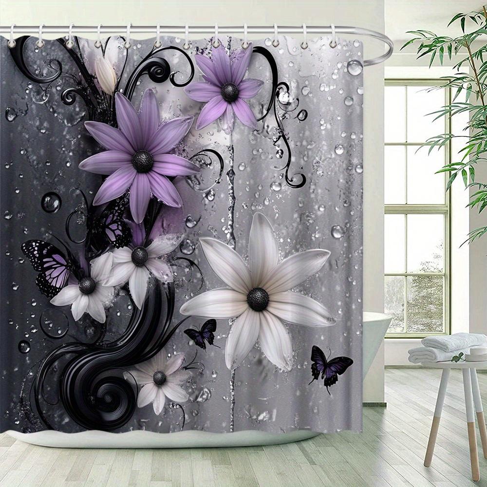 Fantasy Floral Shower Curtain - Lavender & White Flowers, Purple & Black Butterflies, Metallic Silver Background, Polyester,