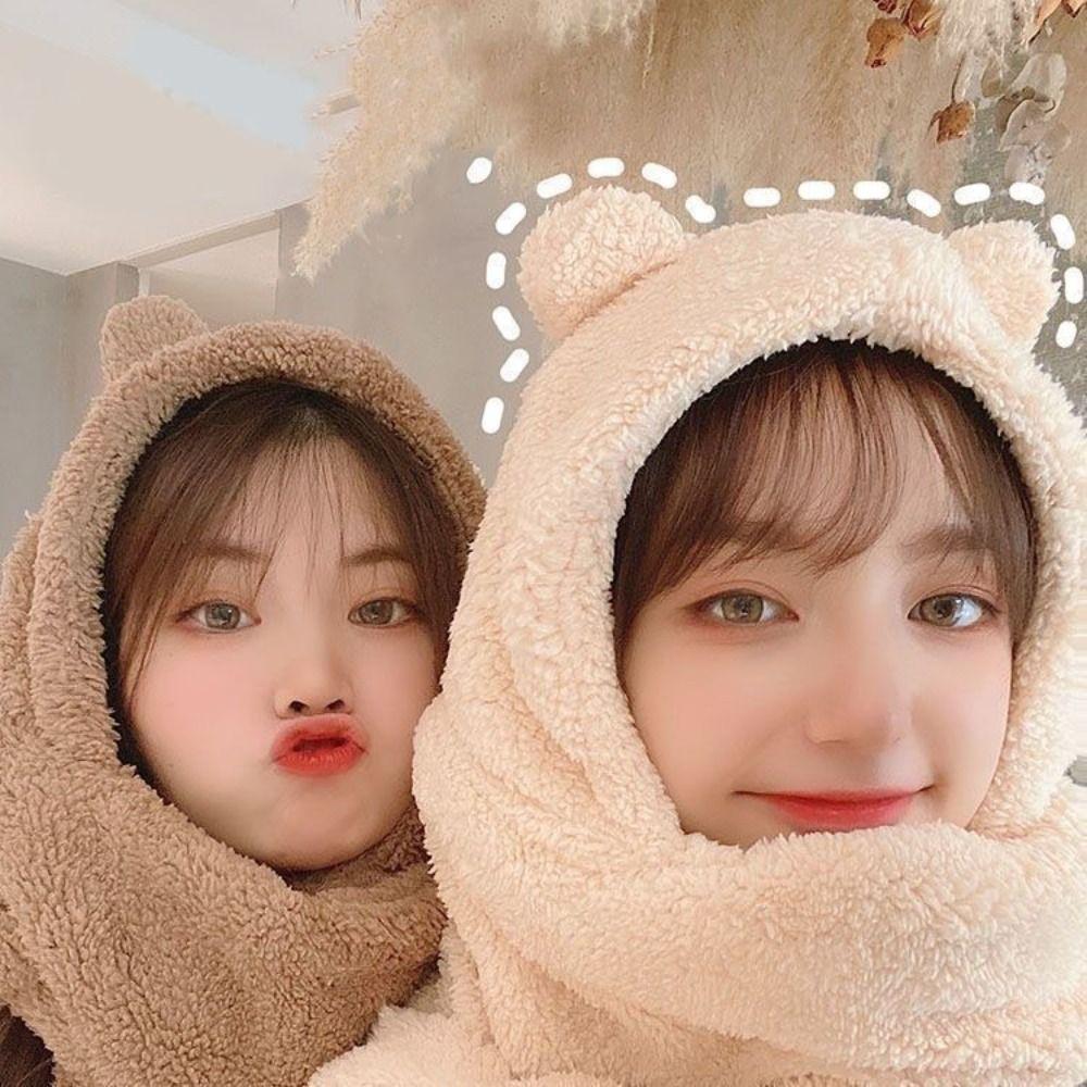Thickened Plush Scarf Hat Gloves 3 in 1 Fleece Scarves Hat Sweet Bear Ear Plush Beanie  Winter