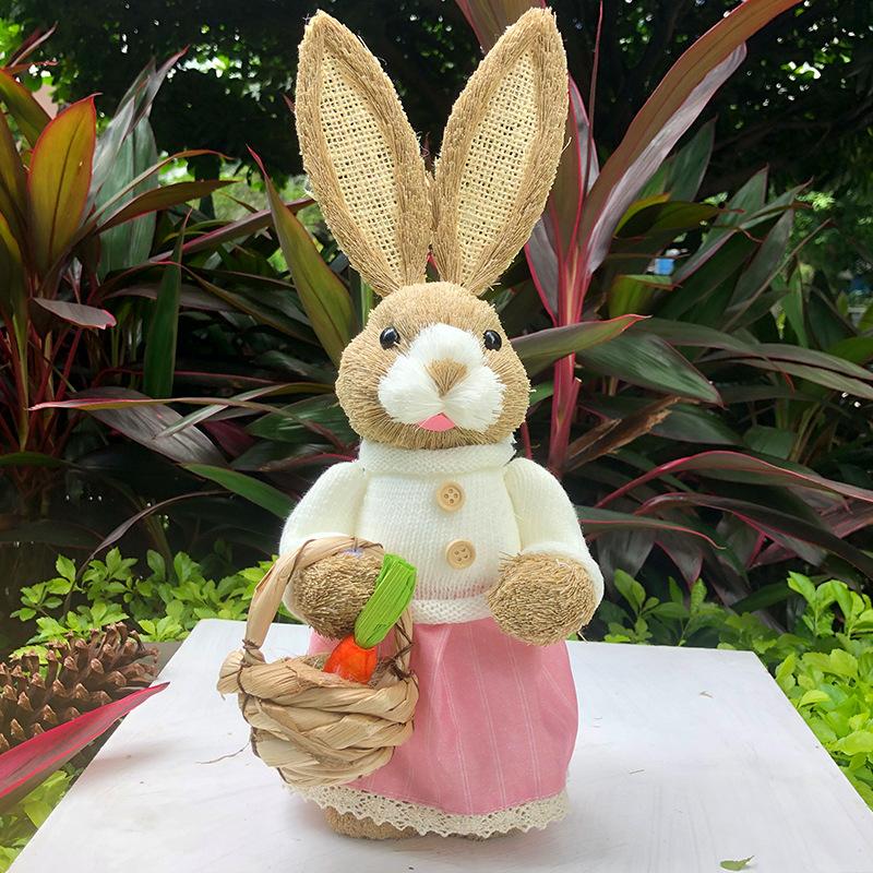 35cm Easter Straw Rabbit Woven Bunny Easter Decoration Sculpture Yard Party Home Easter Ornament Statuette Decoration