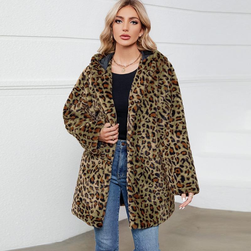 00 Leopard print fur imitation fur hooded autumn and winter loose women's coat coat