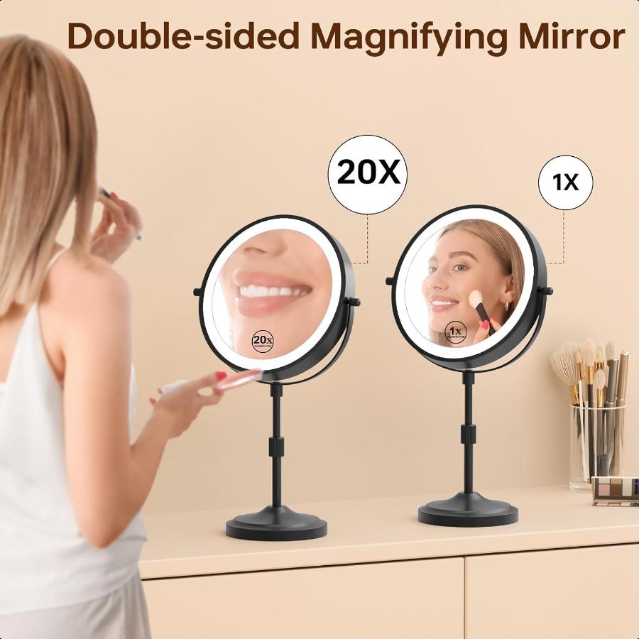 9 Magnifying Mirror with Lights 20X Height Adjustable Lighted Makeup Mirror with Magnification 5000mAh Rechargeable Battery Dim