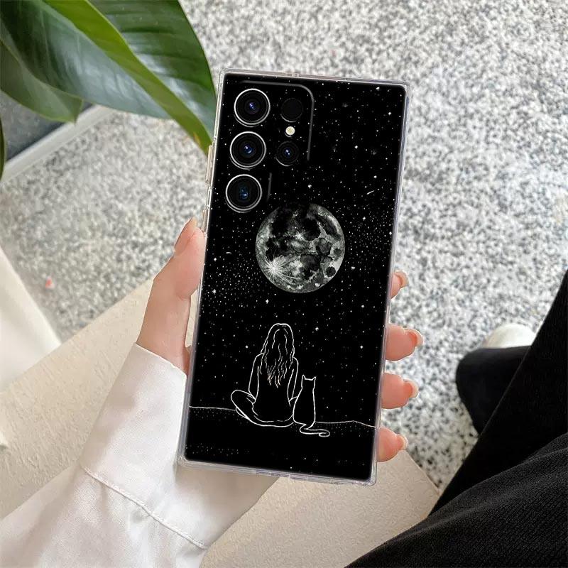 Funny Line Black Cat Phone Case For Samsung Galaxy S25 S23 S24 S22 Ultra Plus Shockproof Cover For Galaxy S24+ S23+ S25+ Shell
