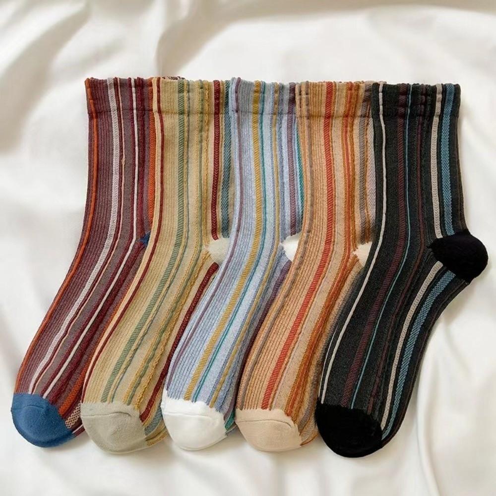 5 Pair Retro Harajuku Socks Korean Style Mid-calf Socks Fashion Striped Socks  for Women