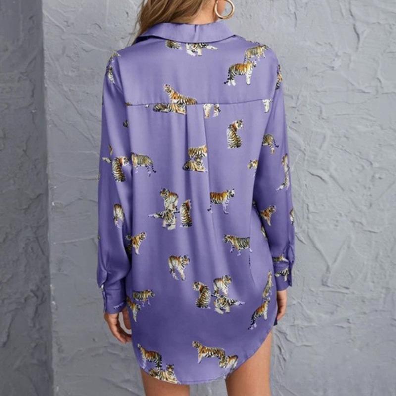 Long Style Temperament Long Sleeved Lapel Tiger Pattern Printed Shirt for Women