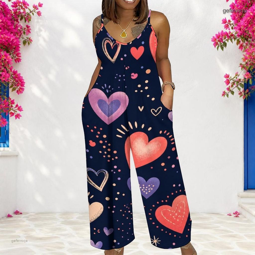 Women Spaghetti Strap Jumpsuit Pink Heart Flower Print Wide Leg Pants With Pockets