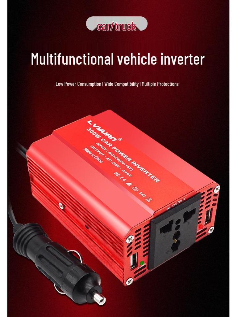 12V To 110V/220V Car Inverter with Dual USB & Cigarette Lighter Plug, 300W