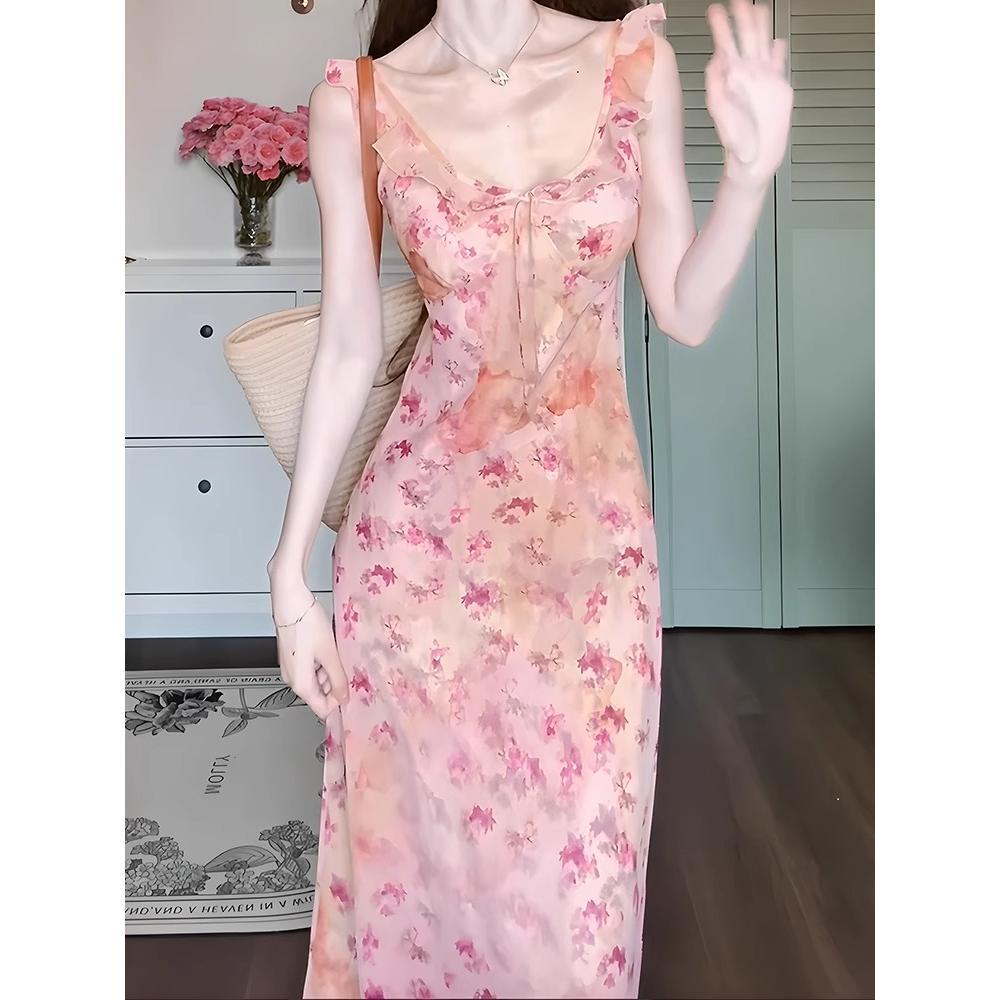 French Sweet Pink Floral Suspender Dress Women's Summer New Femininity Waist Sleeveless Vacation Style Long Dress