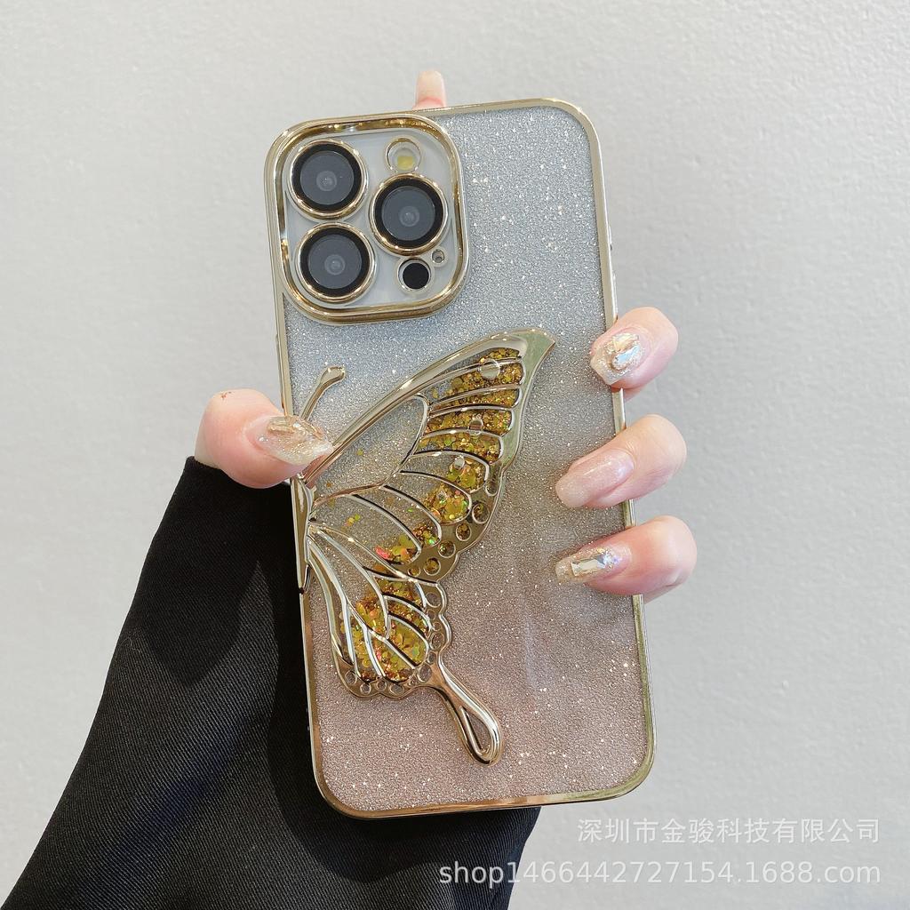 3D Flowing Sand Butterfly Apple 15 Phone Case 14 Pro with Lens Protector Compatible with iPhone 16 Electroplated TPU Soft Case