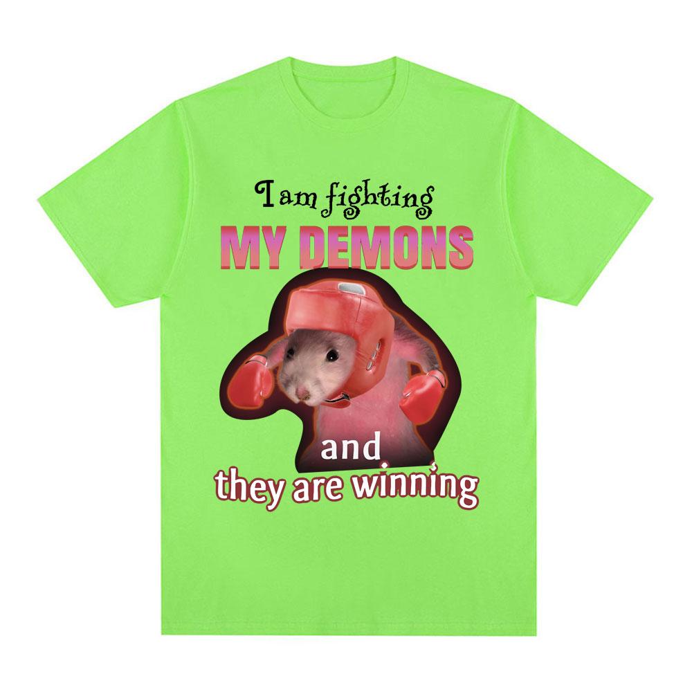 

Funny I Am Fighting My Demons and The Are Winning Rat Meme T-shirt Men Fashion Creative T Shirts Short Sleeve Oversized T-shirts 4XL