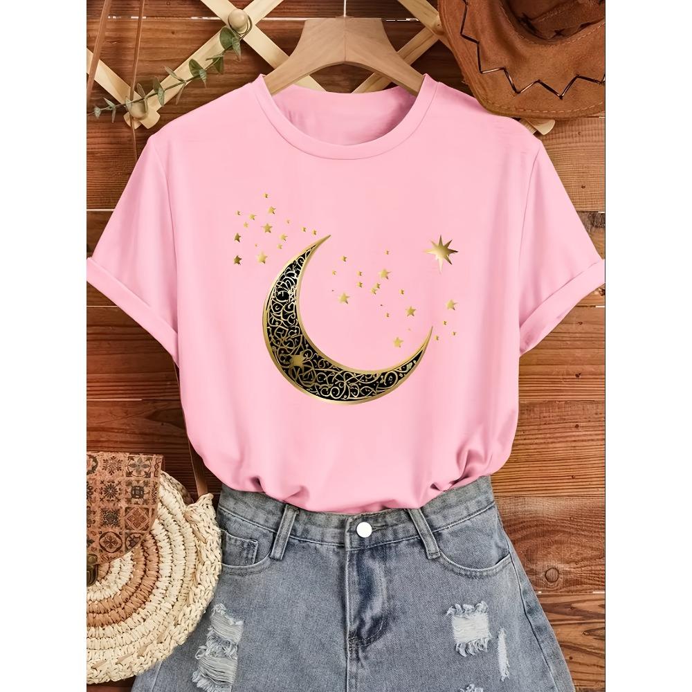 Women'S Elegant Moon  Stars Print T-Shirt  Casual Short Sleeve Crew Neck Top for Spring Summer Golden Print Top Comfortable Fit