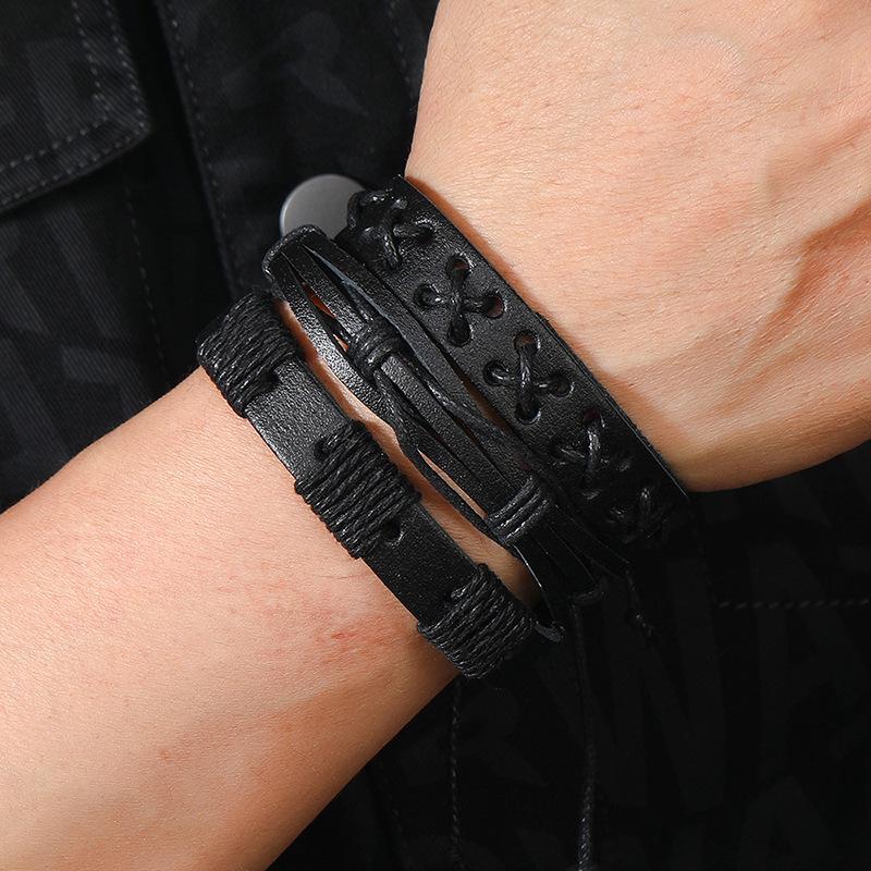 Men's Handmade Multi-Layer Black Leather Braided Bracelet Set - 5 Pieces, Hip Hop Style.