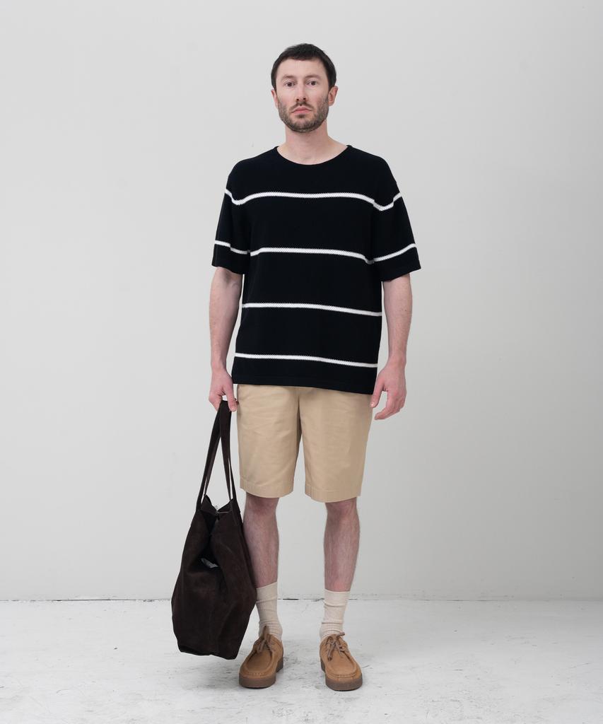 MANNERGRAM Striped Boat Neck 100% Cotton Short Sleeve Knit Black