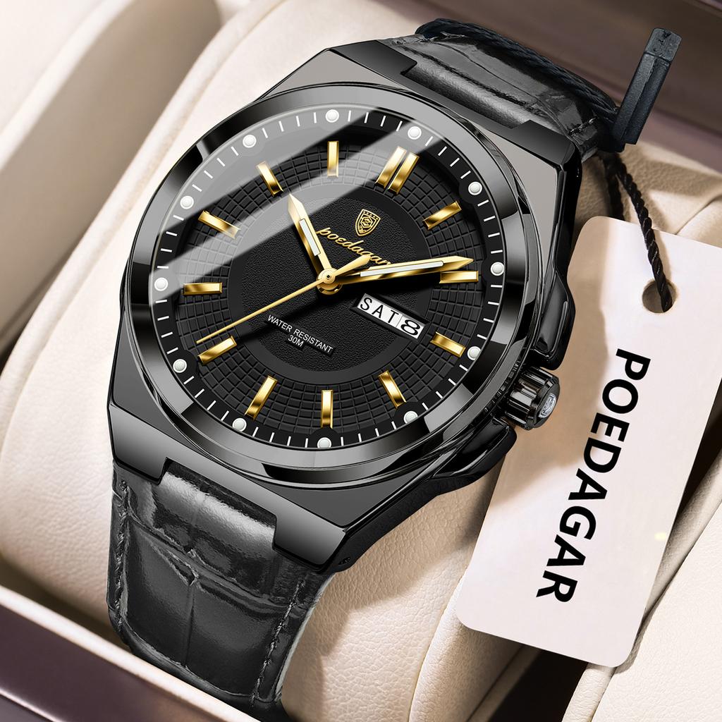 POEDAGAR Luxury Original Man Wristwatch Waterproof Luminous Date Week Quartz Men's Watches High Quality Casual Leather Men Watch