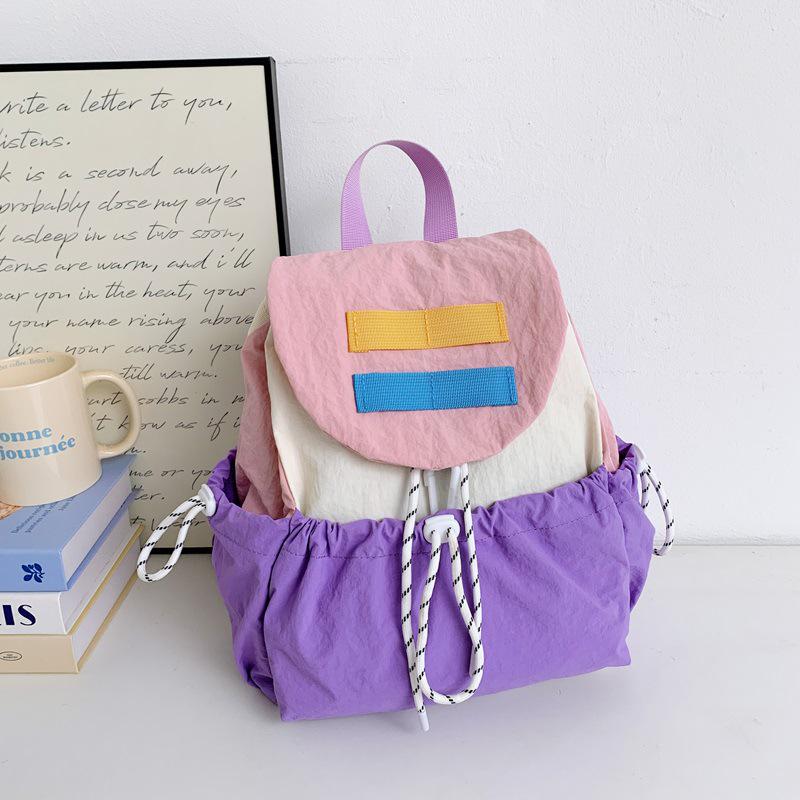 Kids' Lightweight Color Block Backpack: Large Capacity Kindergarten Bag with Drawstring for Boys and Girls