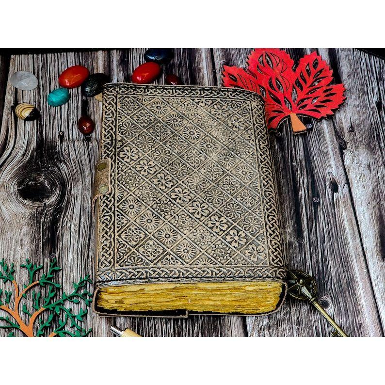 Blank Spell Book of Shadows Journal with Lock Clasp Handmade Leather Seven Stone Diary Seven Chakra Prayer Pagan Book