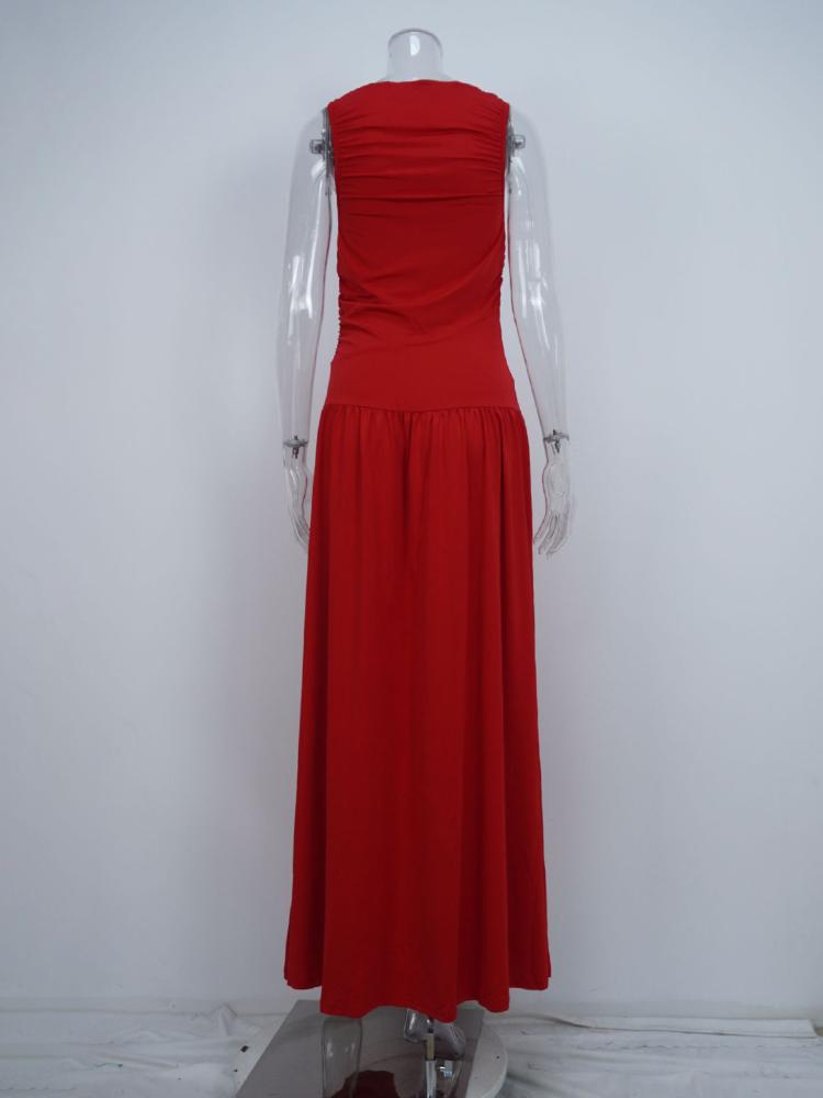 Elegancka sukienka maxi bez rękawów dla kobiet, modna, solidna, z dekoltem w łódkę, sukienki damskie, seksowna, marszczona, długa sukienka, nowa suknia