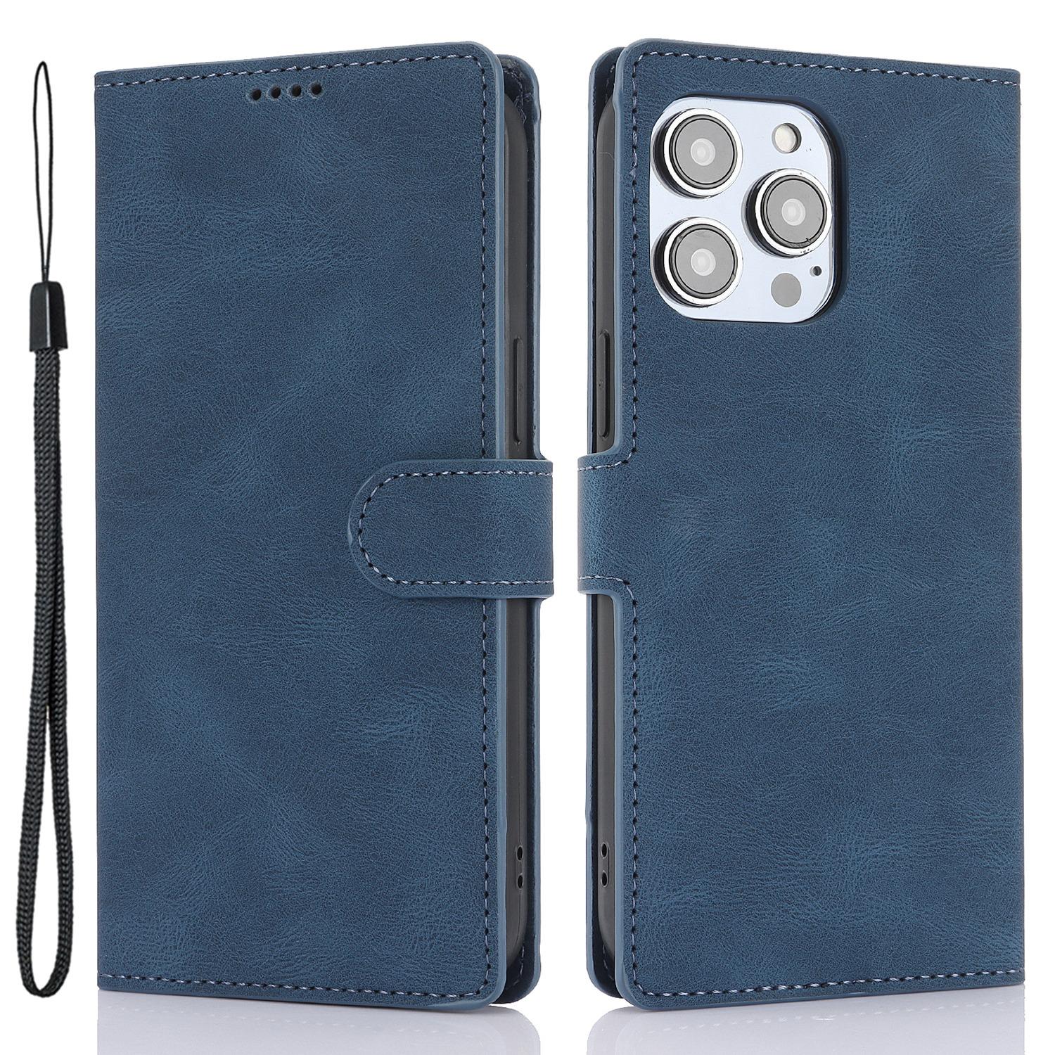 

For iPhone 16 Plus Case PU Leather Wallet Phone Cover with Hand Strap Blue