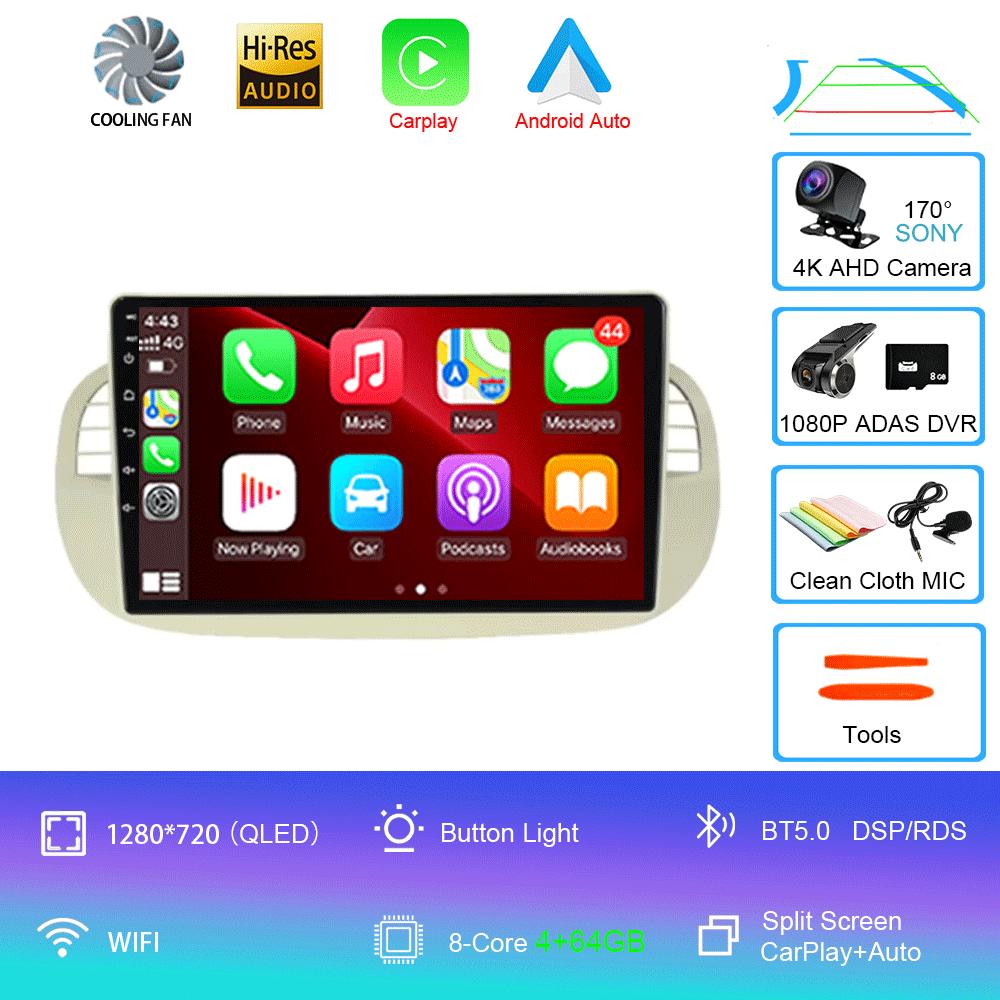 Car Radio Android 14 For Fiat 500 Navigation GPS Multimedia Player Stereo 5GWiF+4G SIM BT Wireless Auto Carplay 360 Camera 2 DIN