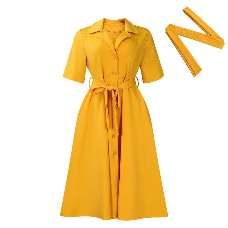 Women's Summer Short Sleeve Suit Collar Strap Solid Color Large Size African Dress