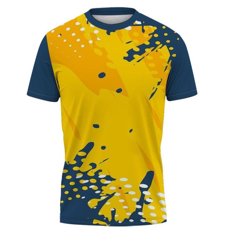 Men Sports Short Sleeve T-Shirt High Elastic Red Blue Black Brush Stroke Print Breathable Slim Training Top