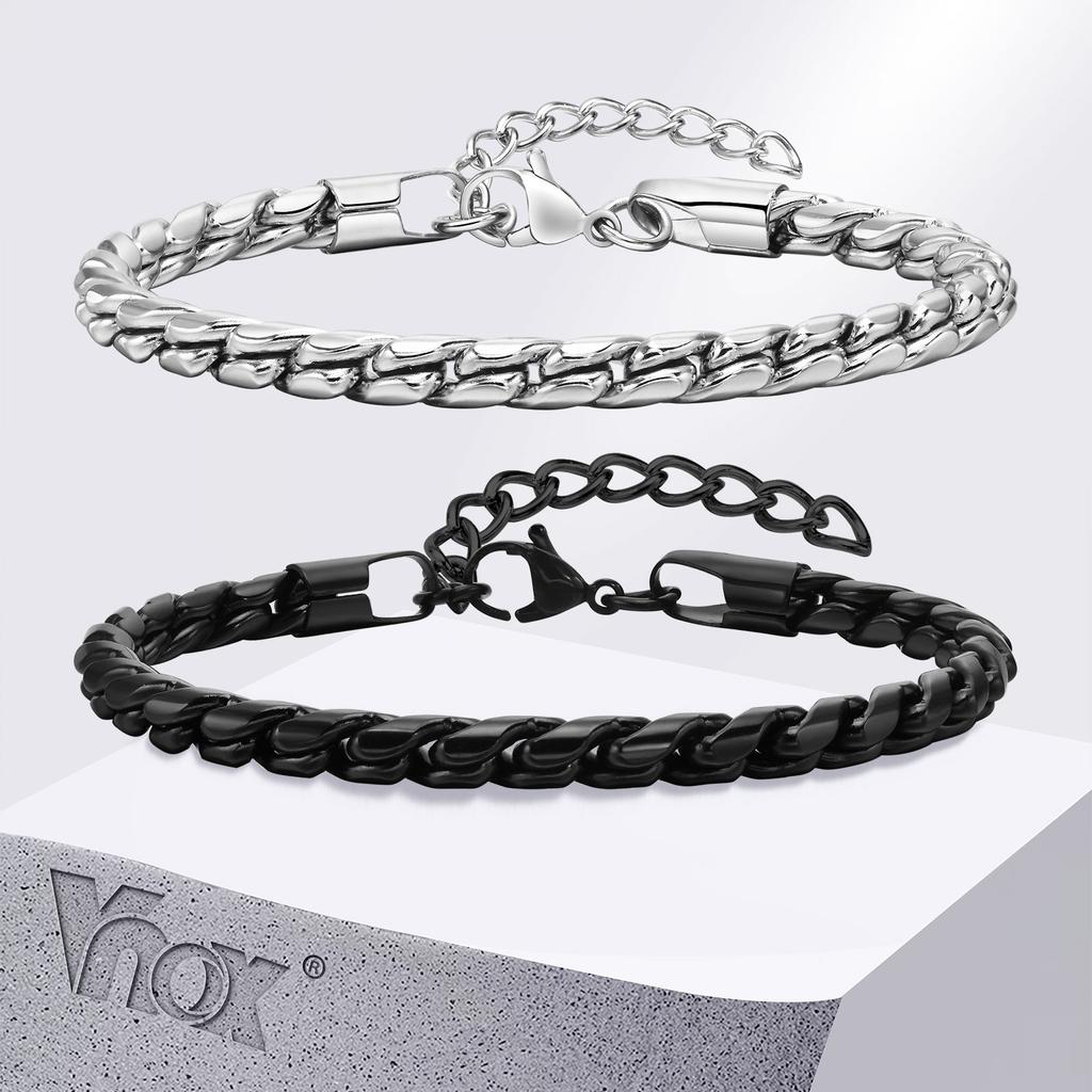 Vnox Pulseras de Cadena de Eslabones de Serpiente Punk para Hombres, Pulsera de Cadena Retorcida de Acero Inoxidable Color Negro Plata Brillante, Joyería Cómoda para Llevar