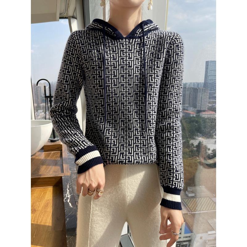 

Жаккардовое шерстяное худи для женщин на осень и зиму, новый повседневный и универсальный кашемировый вязаный свитер, мягкий и эластичный, приятный к коже свитер XL