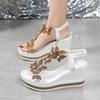 Summer New Large Size Women's Wedge Heel Sandals Bow Foot Muffin Rhinestone Bottom Fish Mouth Sandals