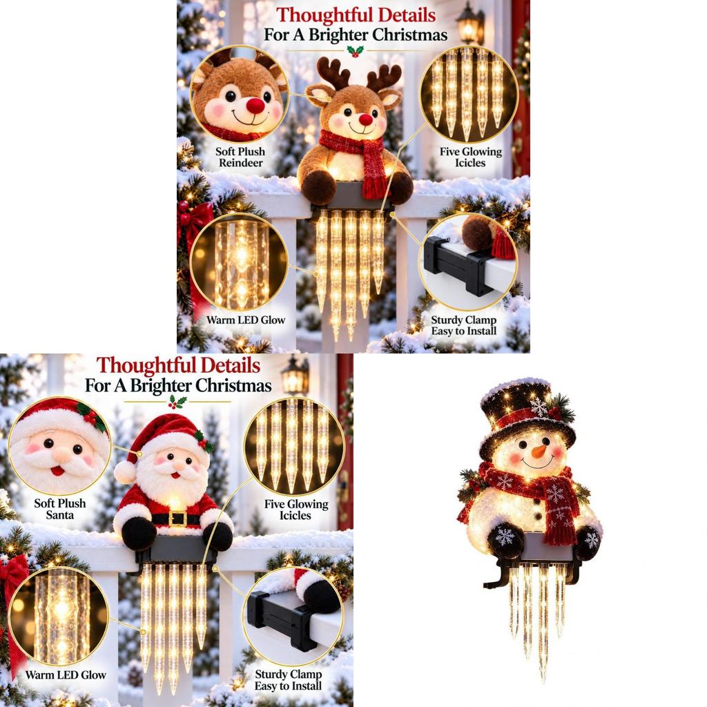 Winterglow Snowman Reindeer Solar Icicle Light Decor For Christmas Holiday Home Yard Scene