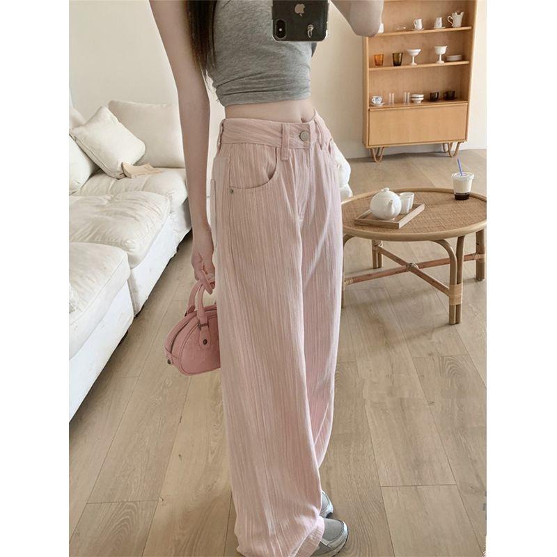 

Textured Pink Striped Jeans for Women Summer Thin High-waisted Straight Wide-leg Pants Casual Long Pants S рожевий