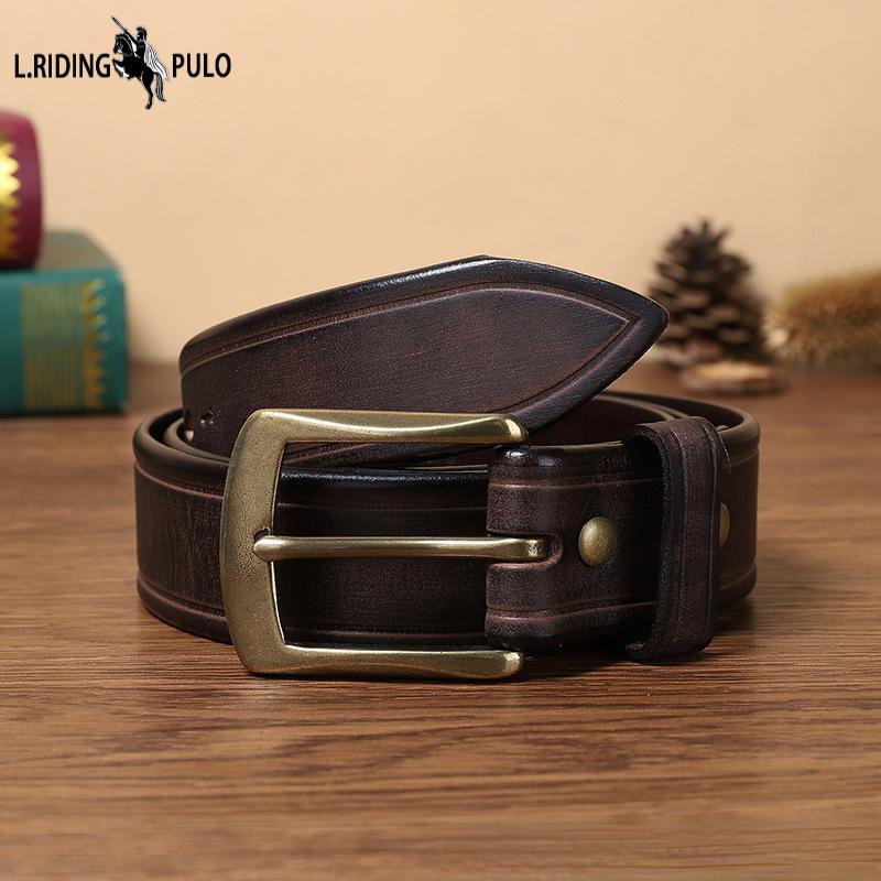 Belt Men's Retro Hand-Rub Color Distressed Pure Cowhide Leather Pin Buckle Fashion Trendy Korean Style Brass Buckle Belt