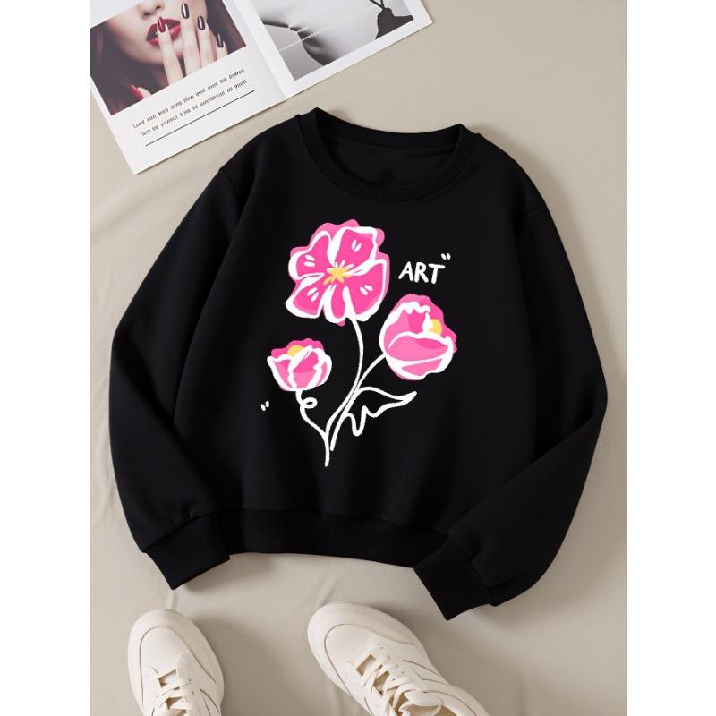 European sizes Girls' Soft Crewneck Sweatshirt, Pink Floral Pattern with Cute Print, Casual All-Match, Ideal Holiday Present