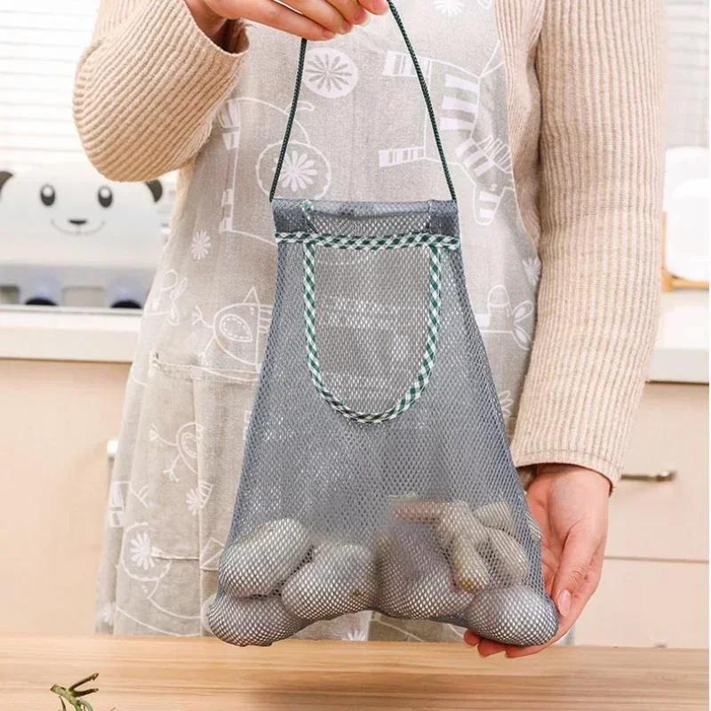 Kitchen Supplies Reusable Mesh Storage Tote Bag Portable Grocery Fruit Vegetable Washable Cotton Mesh Rope Storage Bag Tools