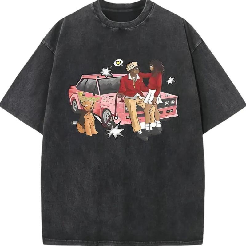 European Size Men's Vintage Washed Cotton T-Shirt - Retro Pink Car and Starry Night Cartoon Graphic Tee, Soft Breathable Regular Fit Crew Neck Shirt