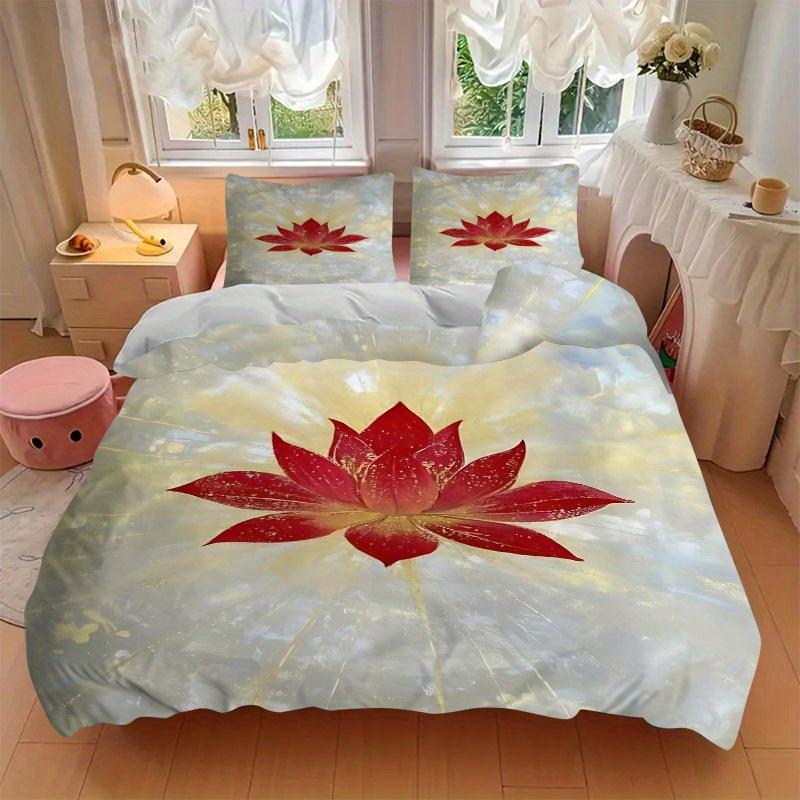 3pcs Lotus Flower Print Bedding Set, Breathable And Soft, Suitable for All Seasons Machine Washable, Suitable for Bedroom Decoration,yy250822156