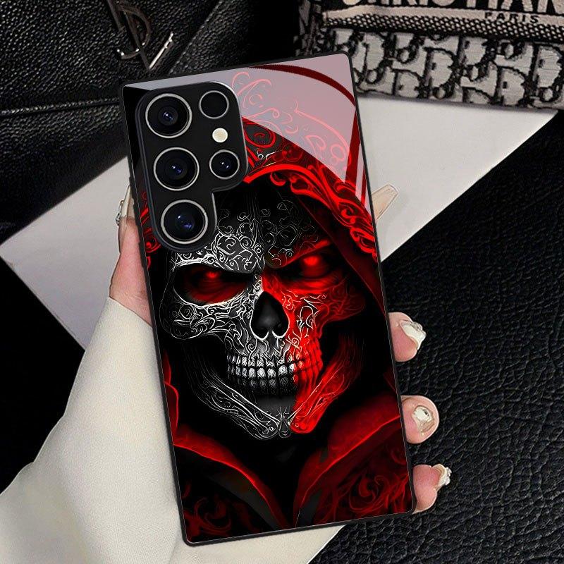 Deep skull red flame pattern glass phone case suitable for Samsung Galaxy S26 S25 S24 S22 S21 S20 FE/Ultra/Plus anti drop