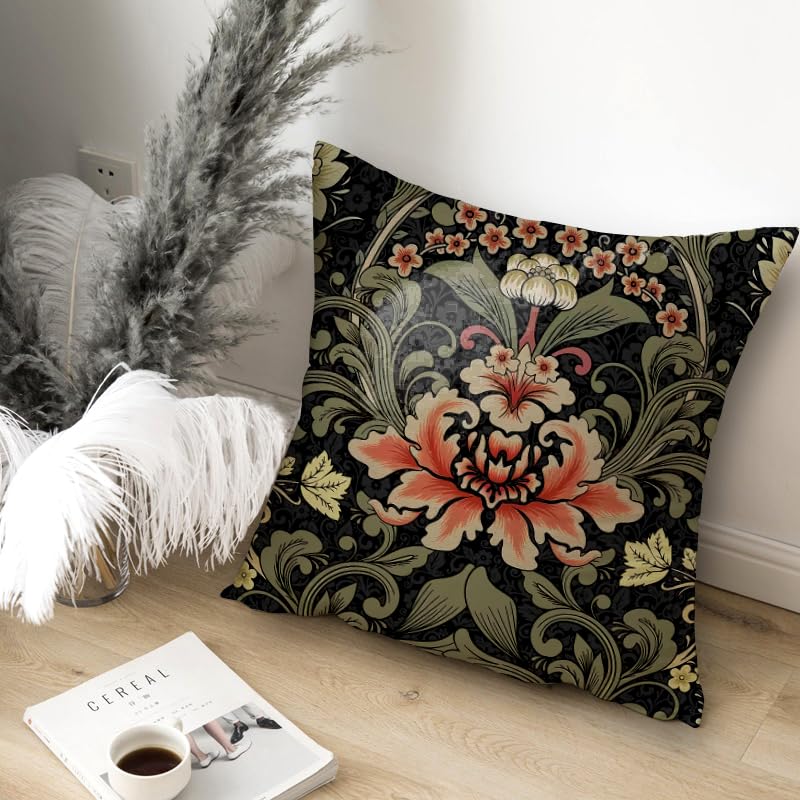 2 Pack Black Olive Green Coral Red Vintage Floral Pillow Covers Double Sided Print Art Nouveau Cushion Cases Home Decor