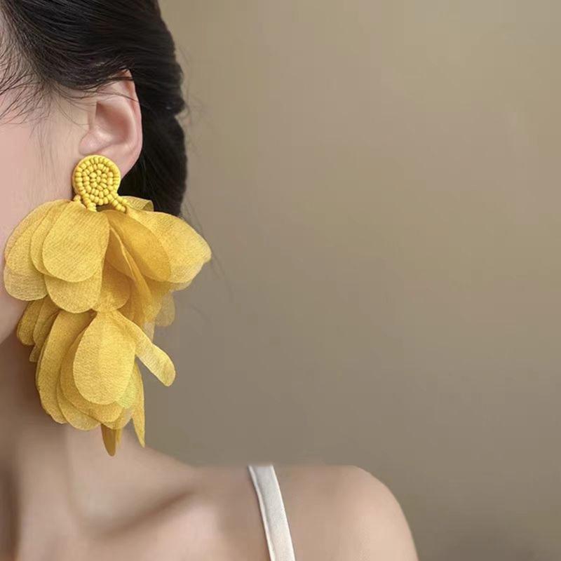 Elegant Chiffon Floral Earrings Colorful Beaded Piercing Dangle Earrings Retro Fashion Accessories for Women Girls